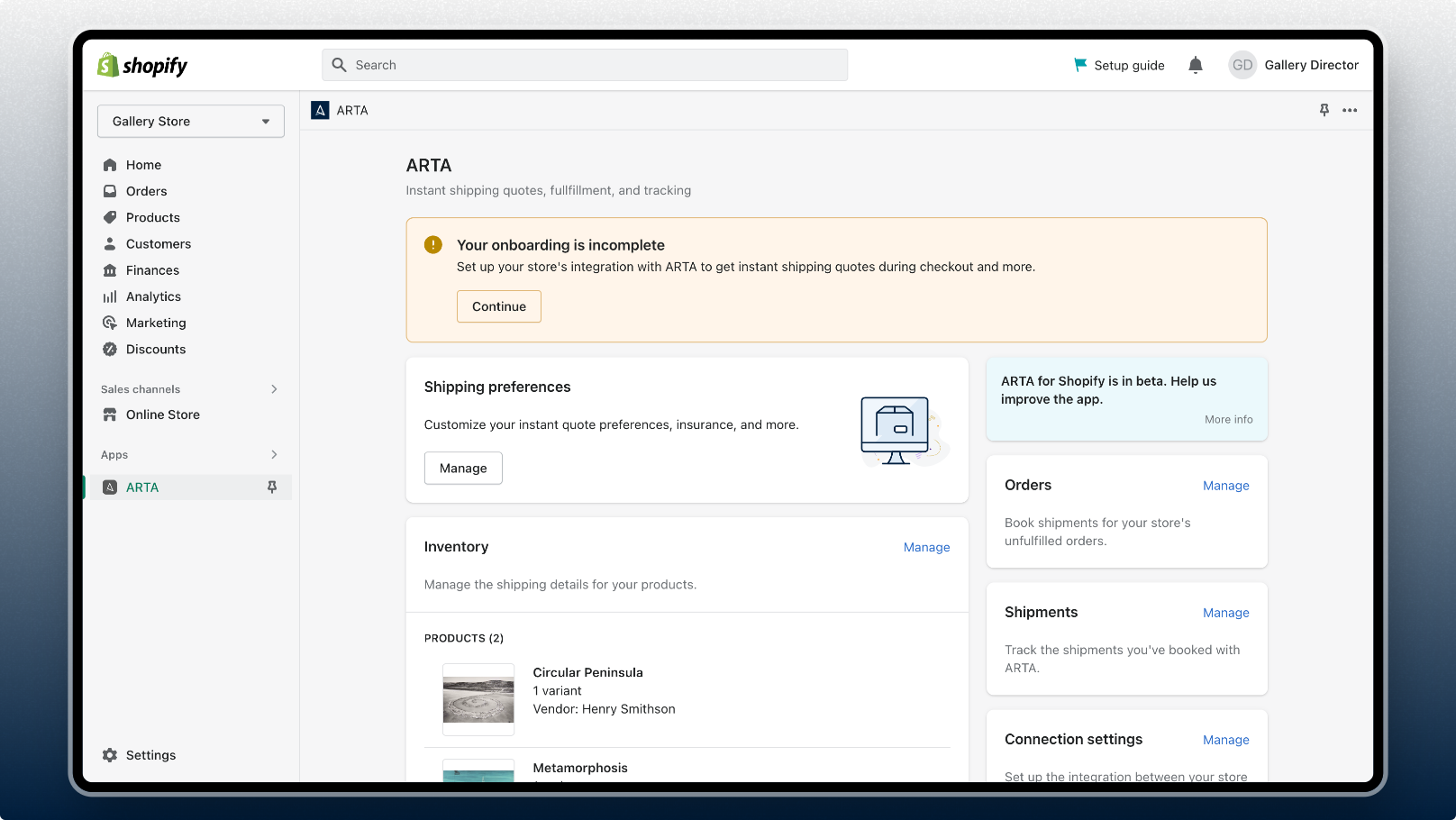 ARTA app on Shopify home page