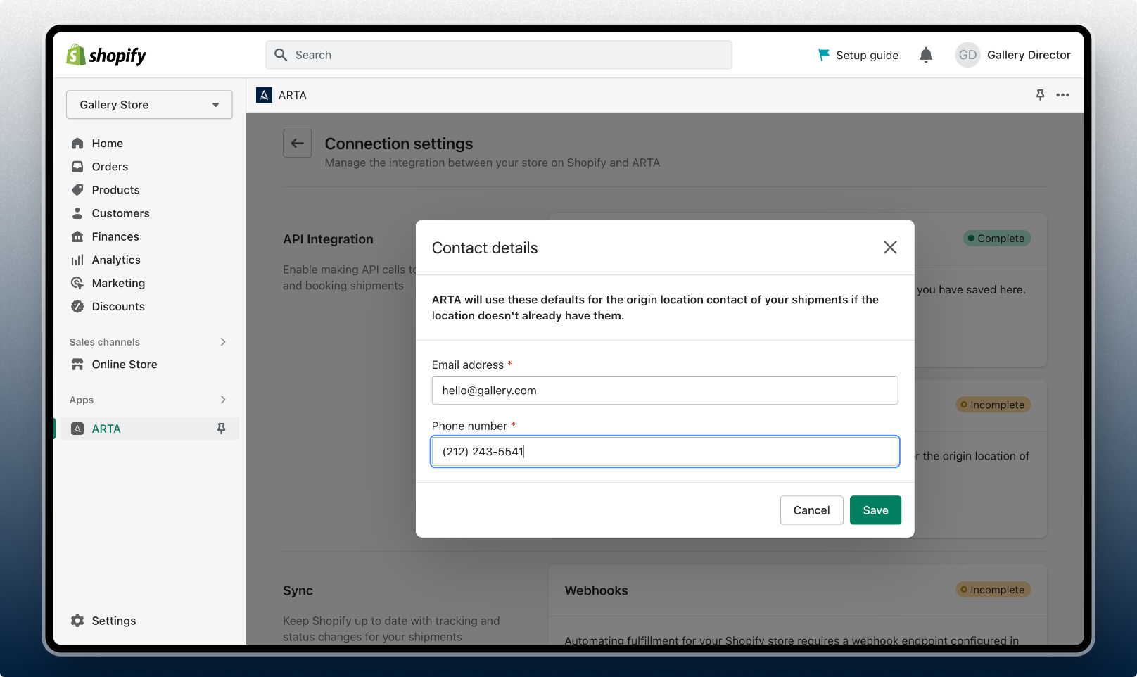 ARTA on Shopify - Connection Settings configure contact details