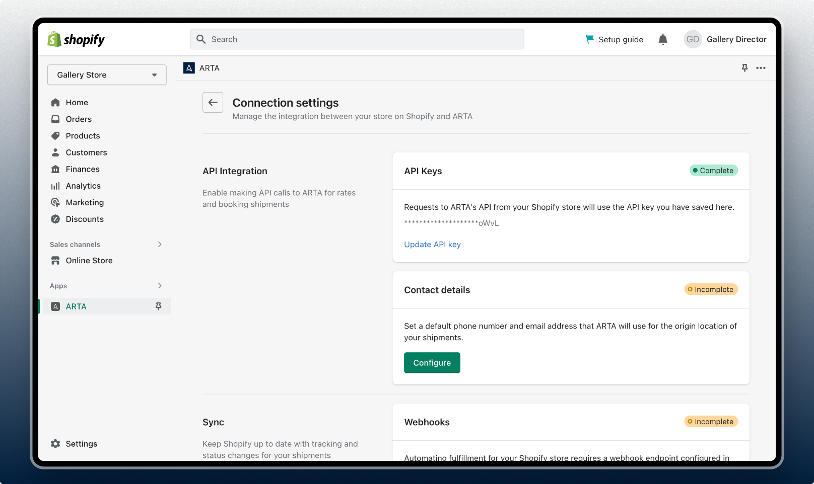 ARTA on Shopify - Connection Settings page
