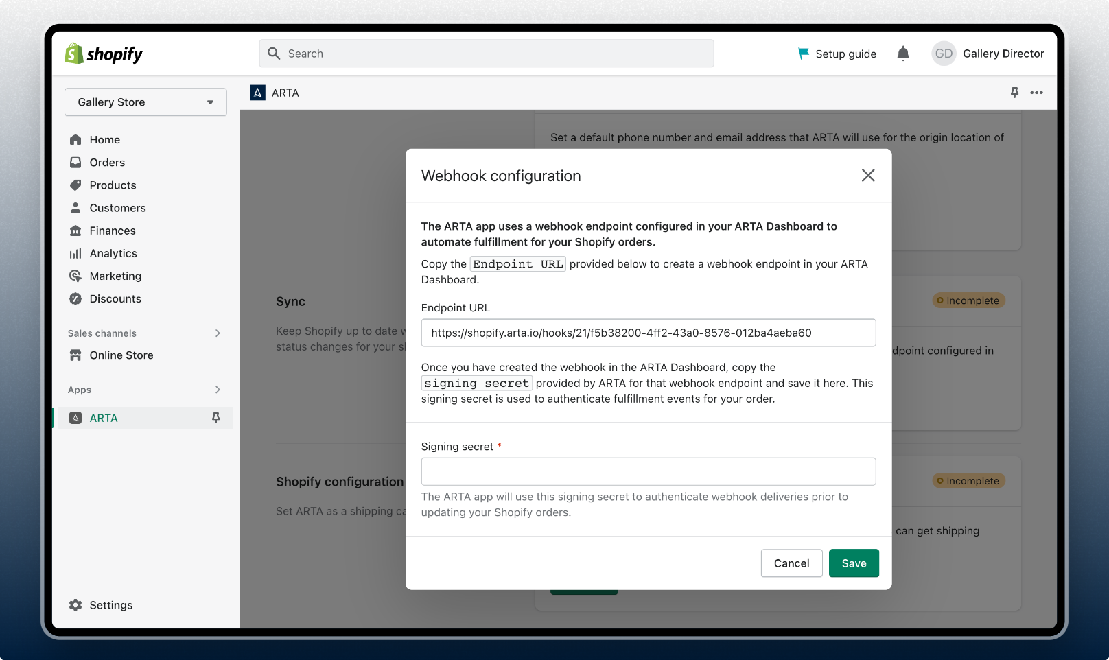 ARTA on Shopify - Webhook configuration modal