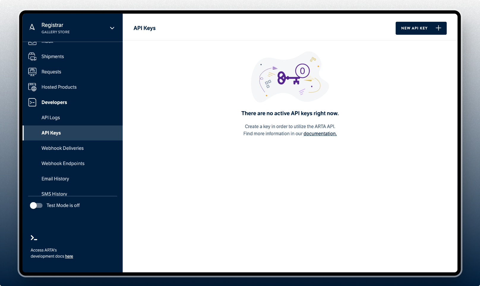 Dashboard API Keys list