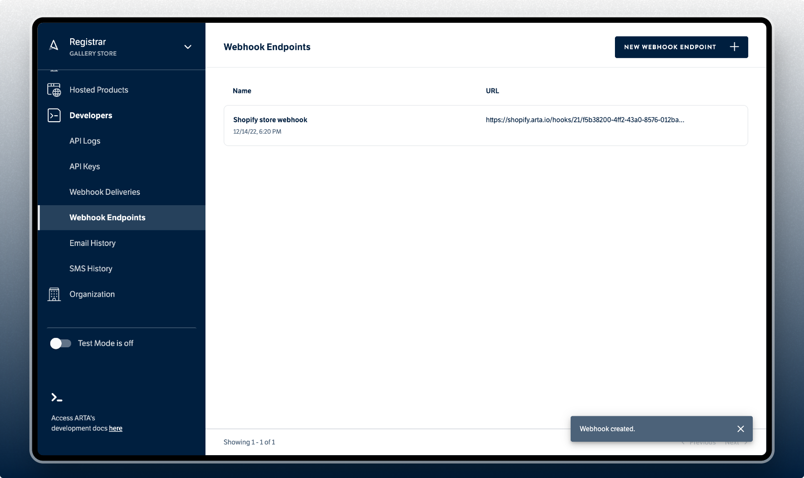 ARTA Dashboard - Webhook endpoints modal form