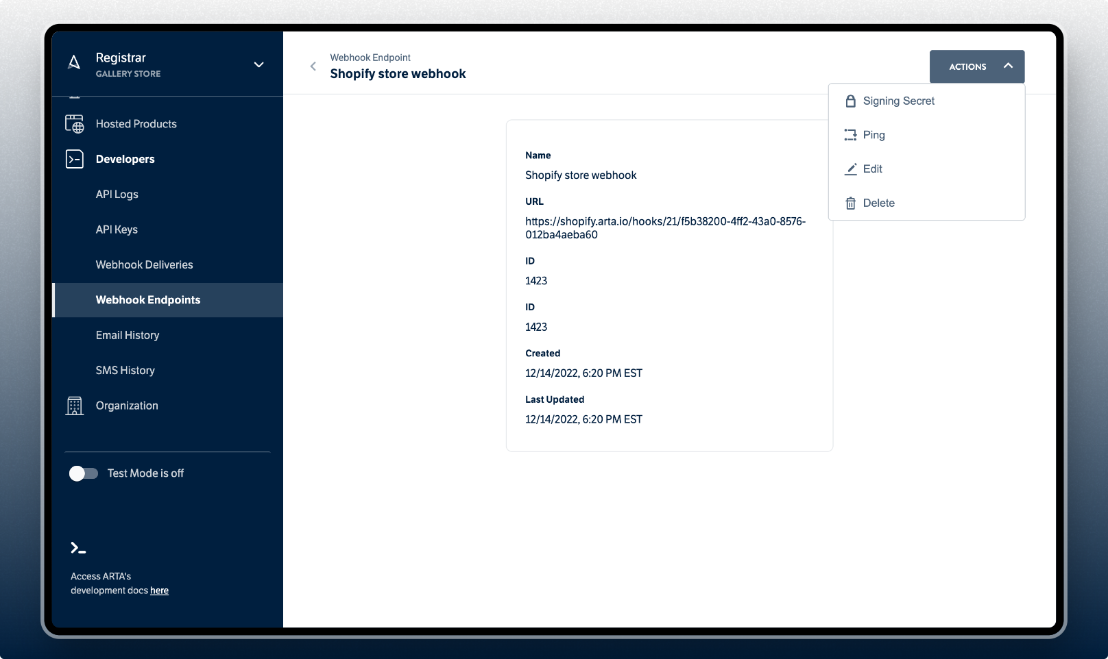 ARTA Dashboard - Webhook endpoints detail actions