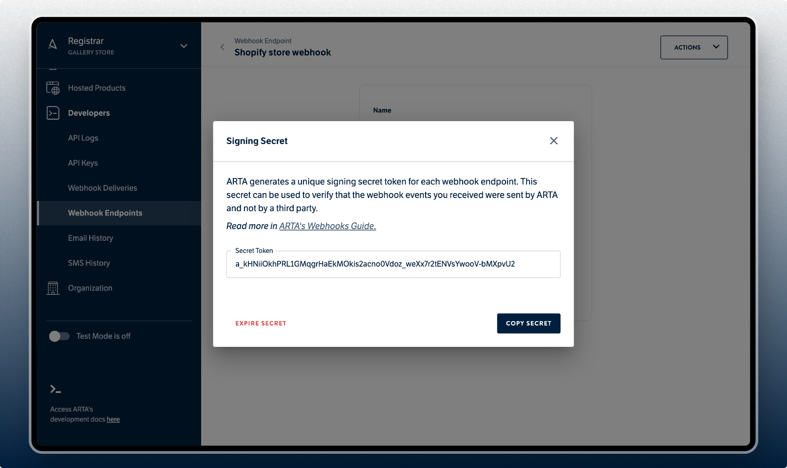 ARTA Dashboard - Webhook endpoints detail actions
