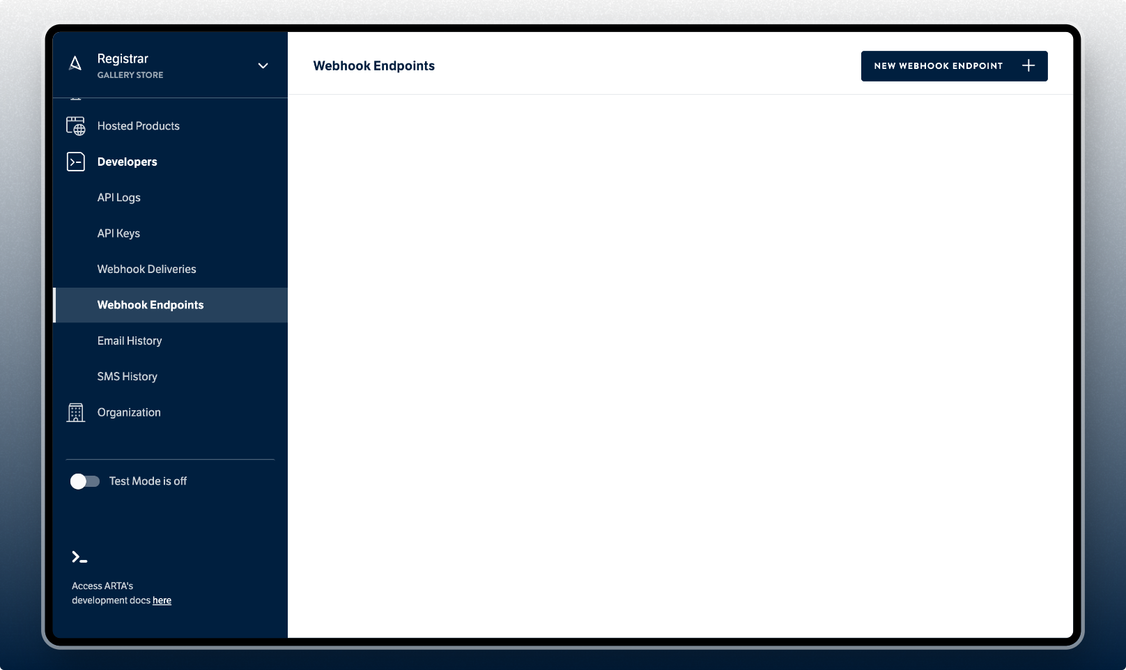 ARTA Dashboard - Webhook endpoints list
