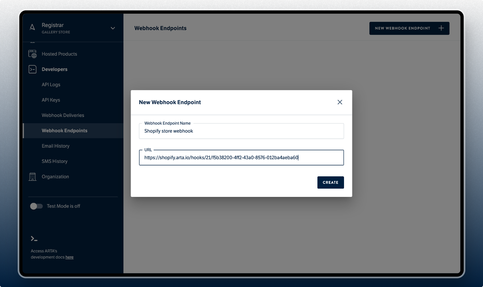 ARTA Dashboard - Webhook endpoints modal form