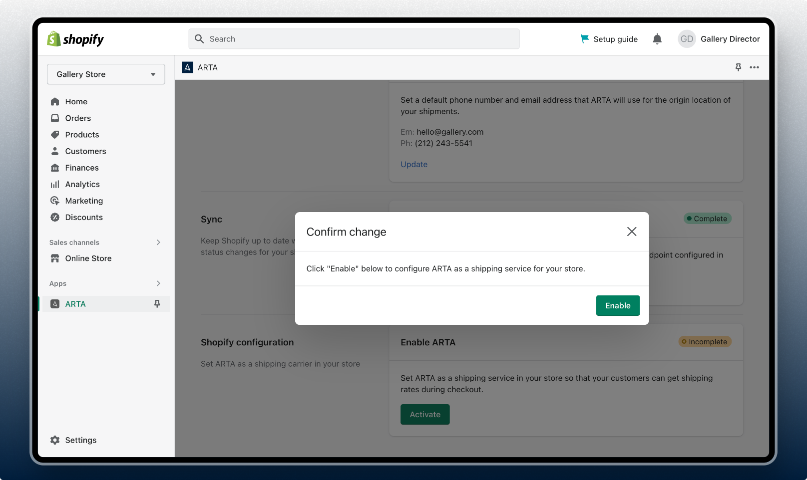 ARTA on Shopify - Connection Settings endpoint secret configuration