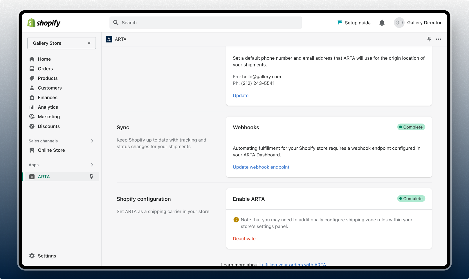 ARTA on Shopify - Connection Settings endpoint secret configuration
