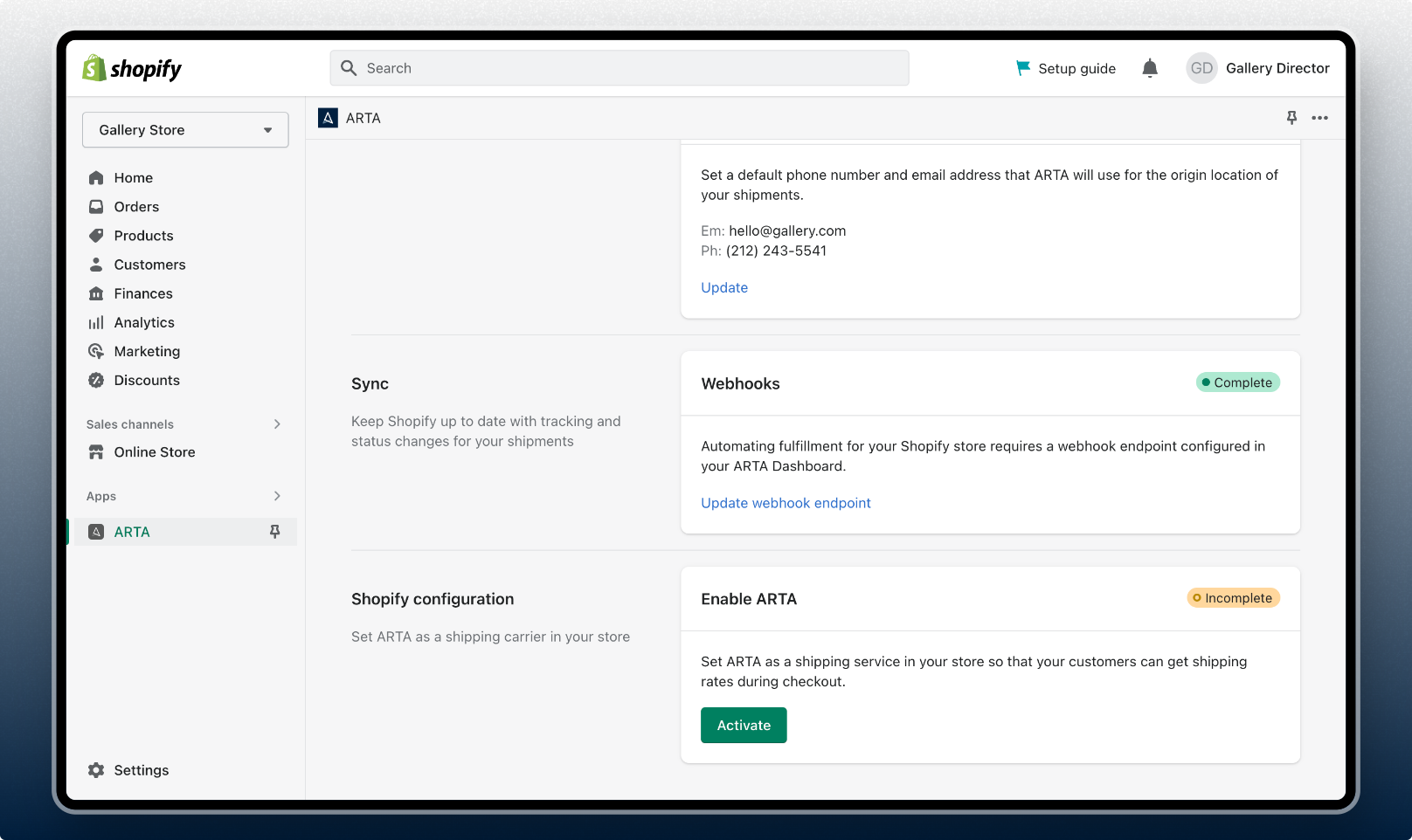 ARTA on Shopify - Connection Settings endpoint secret configuration