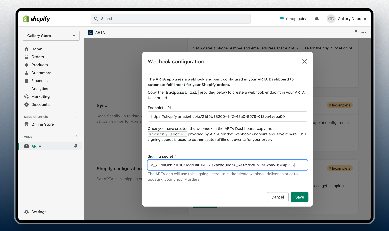 ARTA on Shopify - Connection Settings endpoint secret configuration