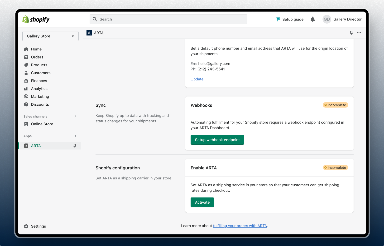 ARTA on Shopify - Connection Settings page