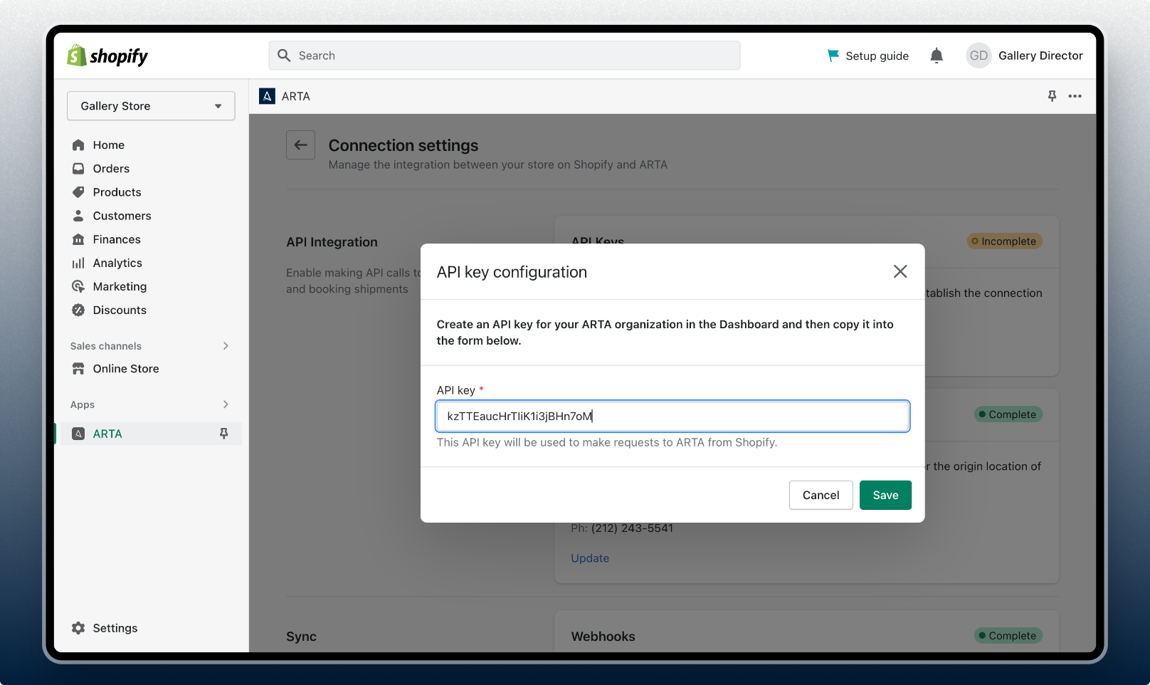 ARTA on Shopify - Connection Settings update API key