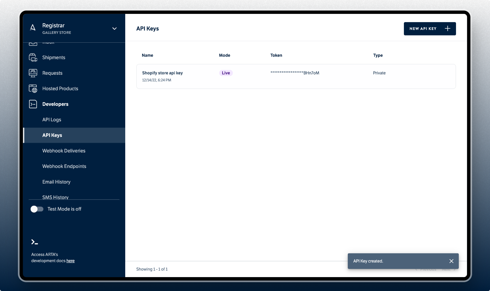 Dashboard API Keys new modal