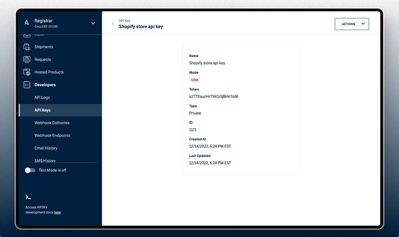 Dashboard API Keys detail