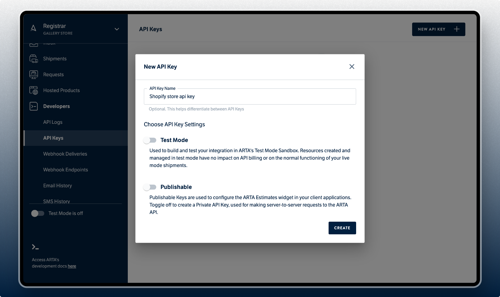 Dashboard API Keys new modal