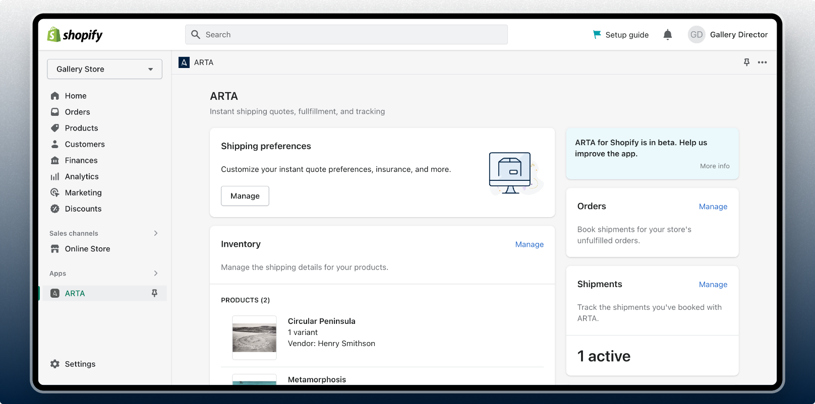 ARTA app on Shopify - home active shipments