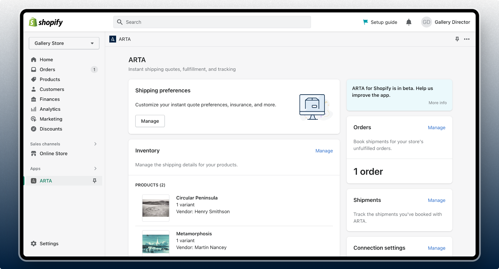 ARTA app on Shopify - home unfulfilled orders
