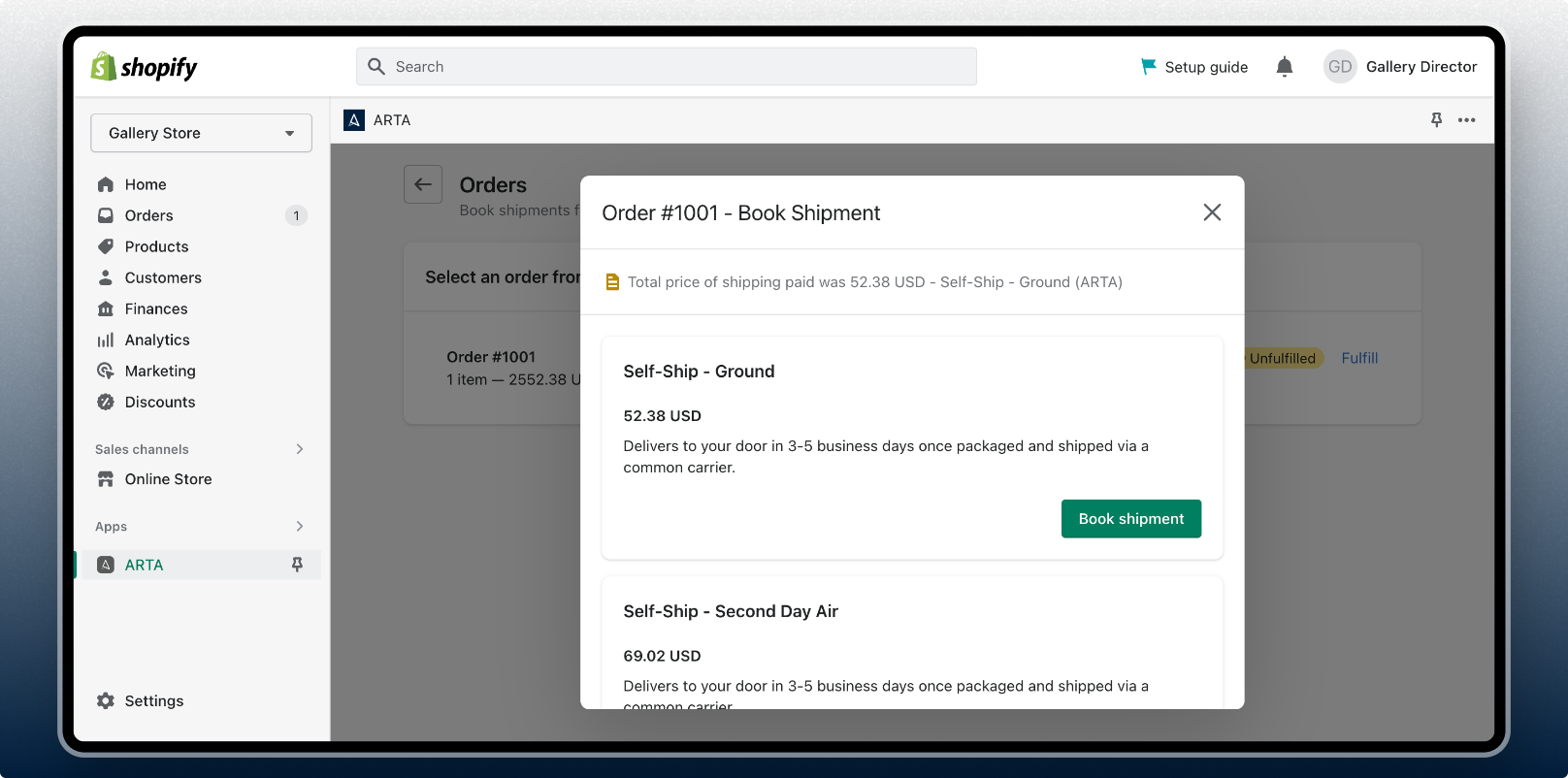 ARTA app on Shopify - orders list