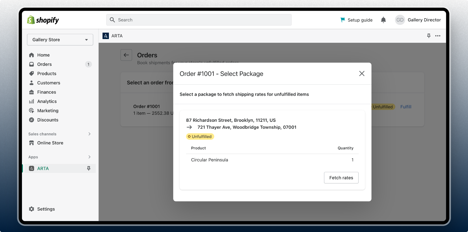 ARTA app on Shopify - shipment select