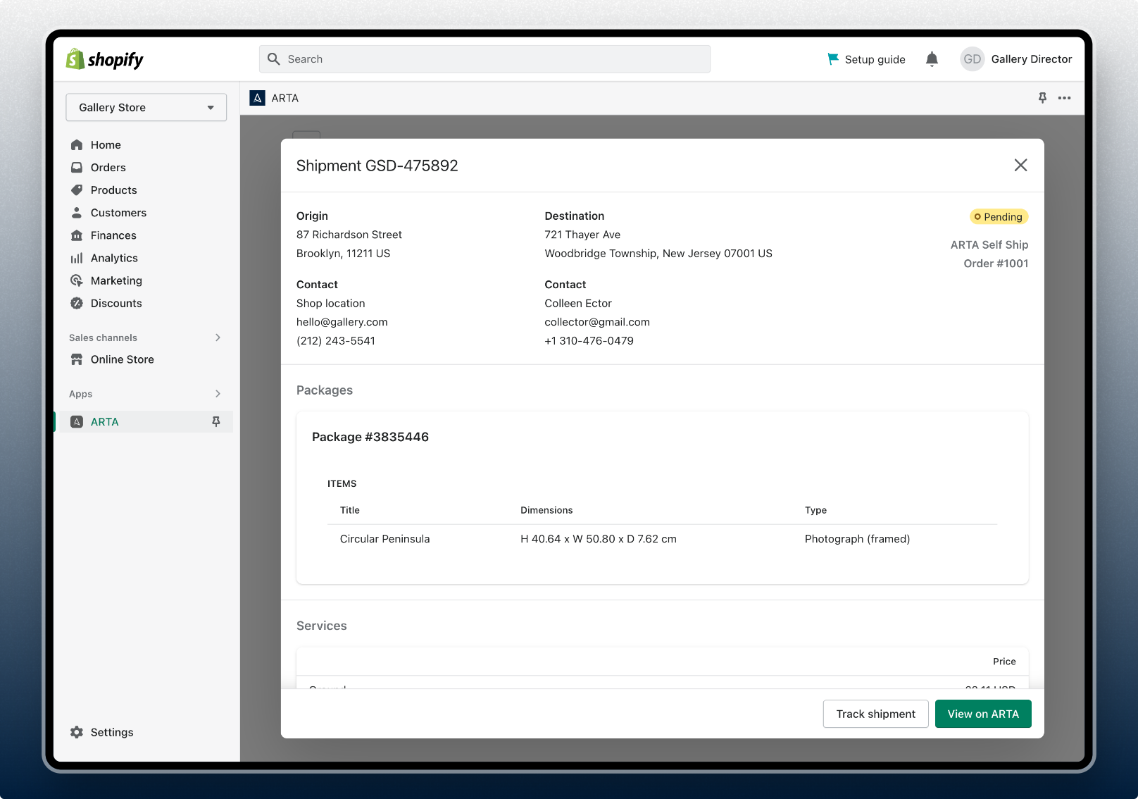 ARTA app on Shopify - shipment detail