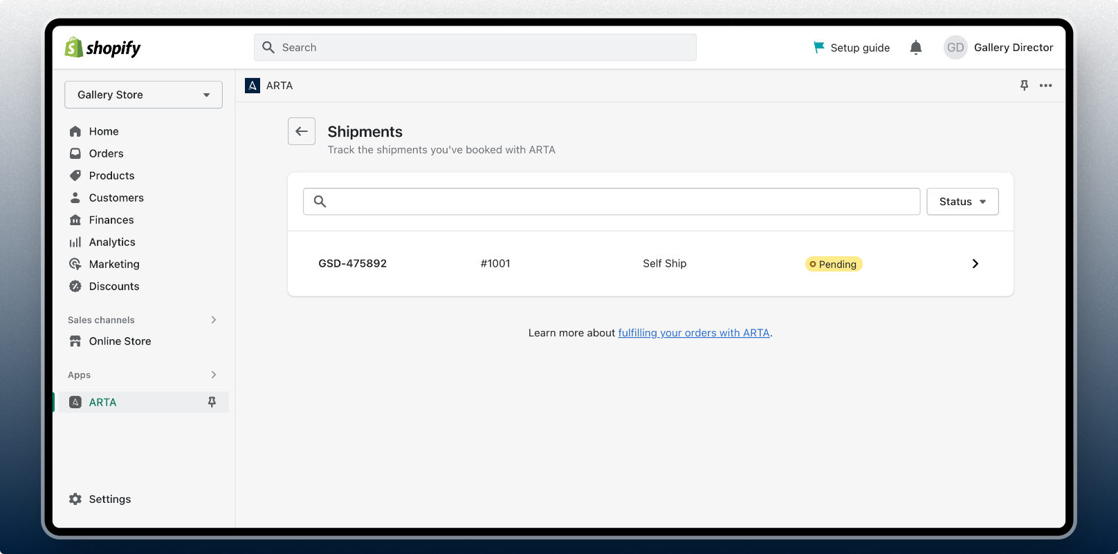 ARTA app on Shopify - shipments list
