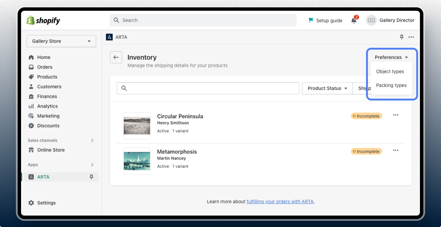 inventory preferences menu
