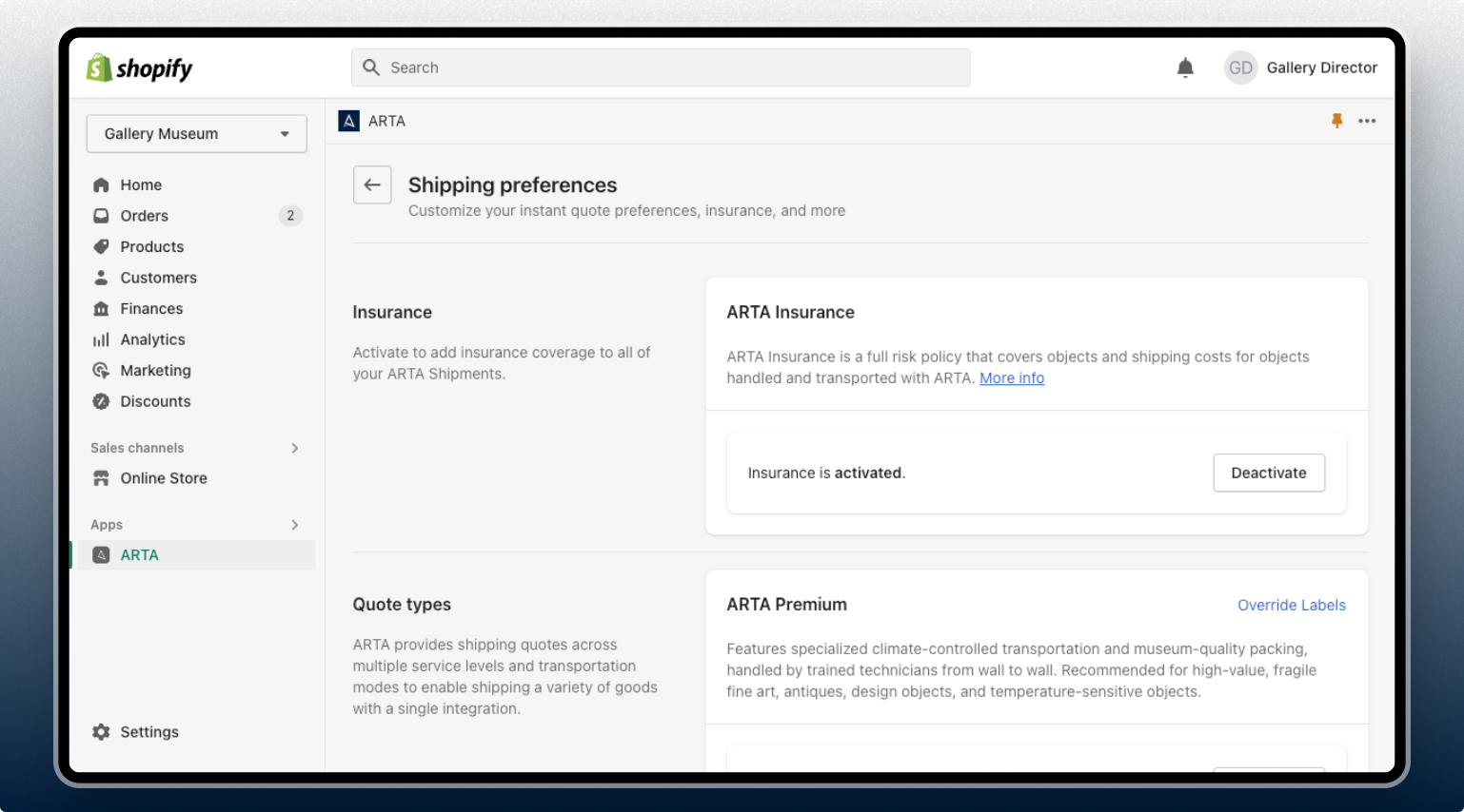ARTA on Shopify - shipping preferences