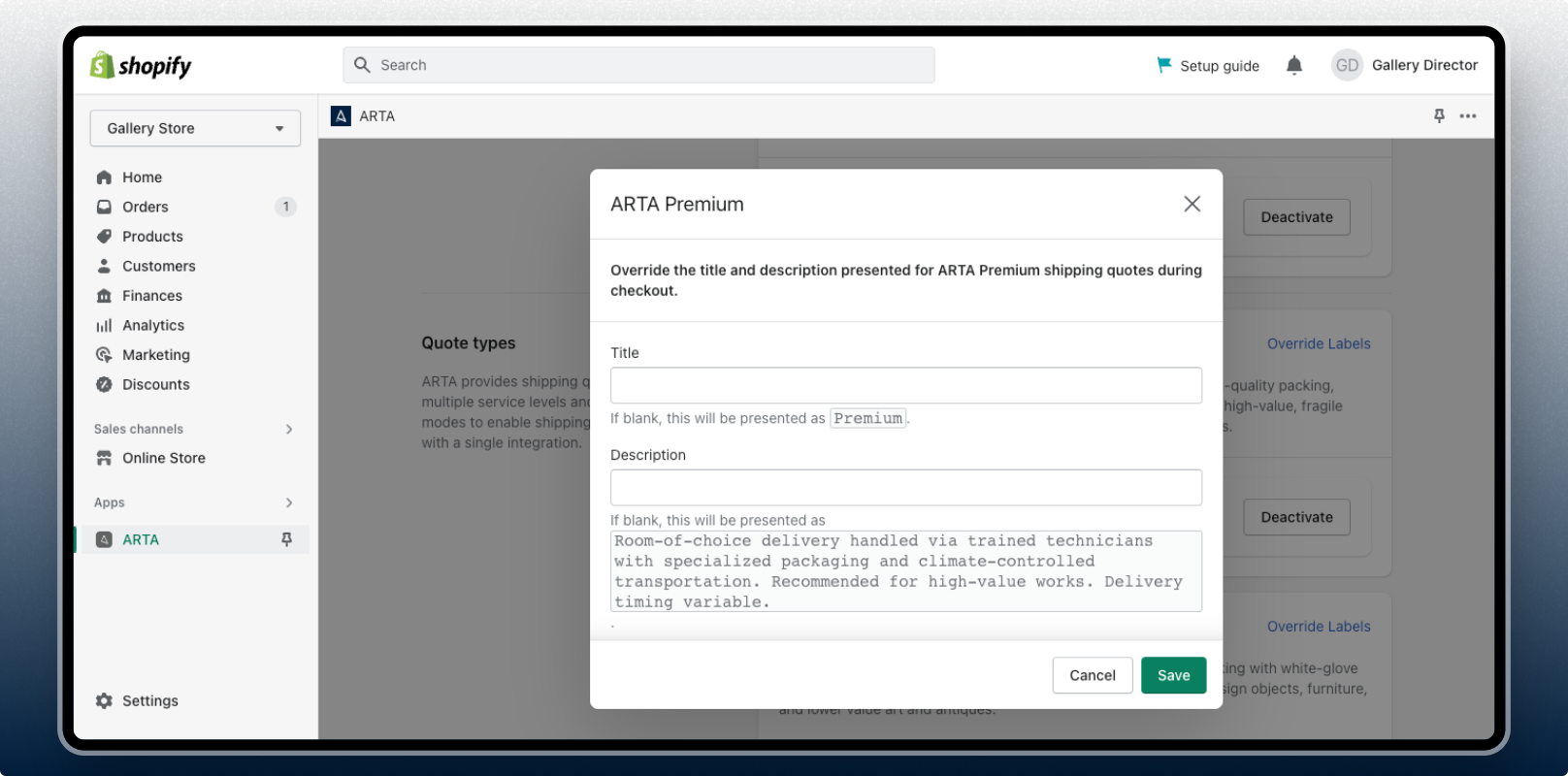 ARTA on Shopify - Shipping preferences - Editing quote type labels